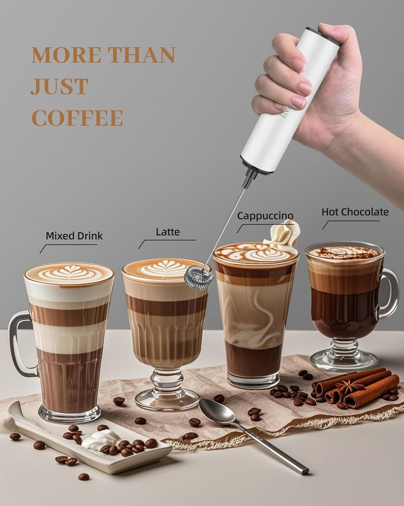 INFOOD Milk Frother Rechargeable with Cover - Coffee Frother Wand, Drink Mixer Handheld with 2 Detachable Stainless Whisks 2 Speed Adjustable for Latte, Cappuccino, Hot Chocolate, Egg, White - Image 3